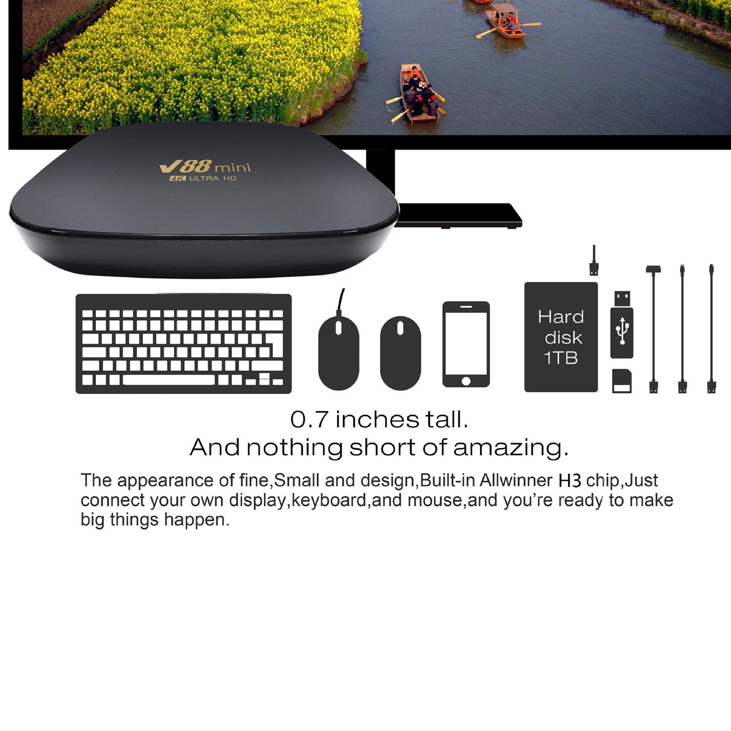 V88 Mini Smart Media Player 8K H.265 2.4G WiFi Android 7.1 Set Top Box Allwinner H3 Quad Core TV Box (1 8G) V88 Mini Smart Media Player 8K H.265 2.4G WiFi Android 7.1 Set Top Box Allwinner H3 Quad Core TV Box (1 8G)